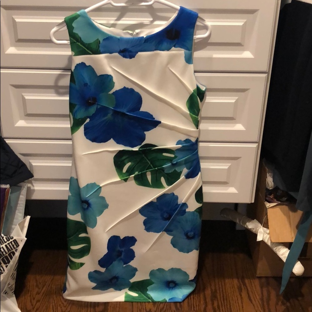 Calvin Klein White Midi Dress with Blue & Green Floral Print